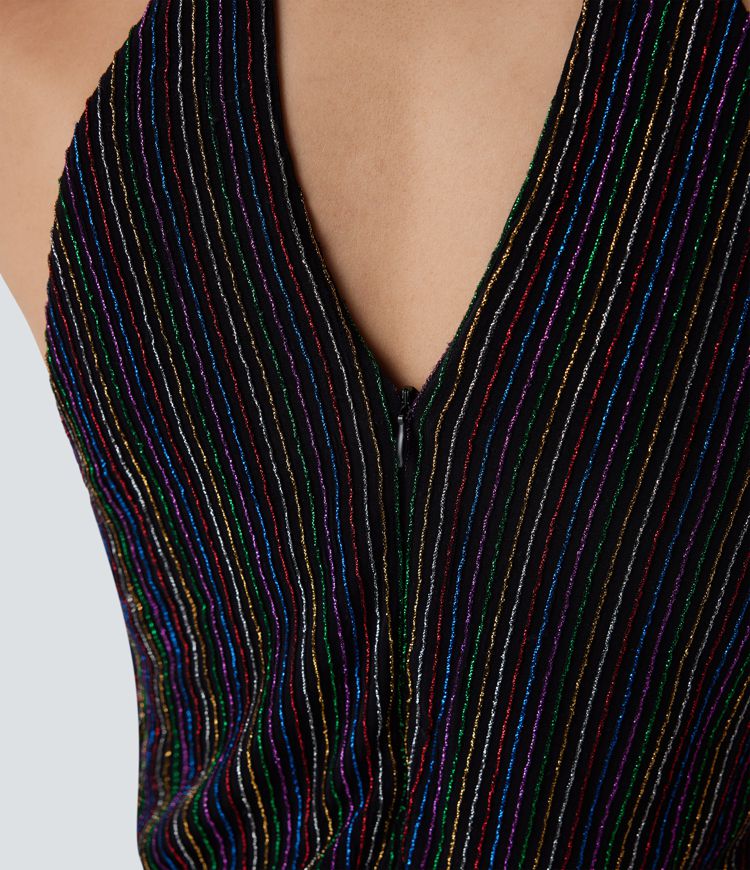 Halter Tie Back Sleeveless Pocket Metallic Stripe Casual Jumpsuit