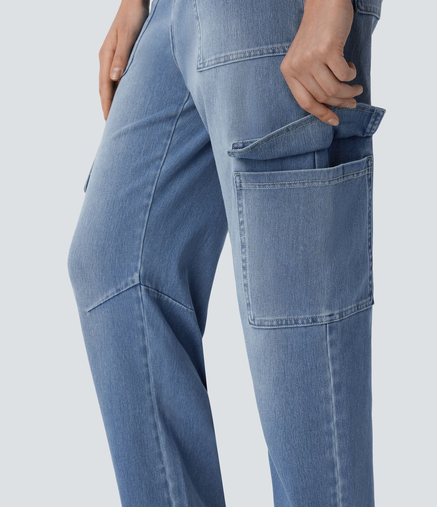 Jean cargo décontracté Halara Flex™ coupe tonneau en maille extensible délavée avec poches multiples et taille moyenne