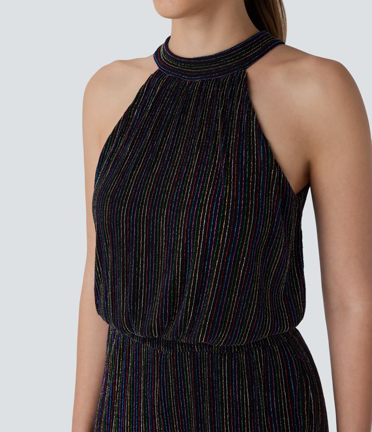 Halter Tie Back Sleeveless Pocket Metallic Stripe Casual Jumpsuit