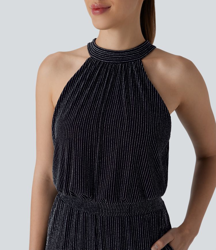 Neckholder-Jumpsuit mit Bindeband hinten, unsichtbarer Reißverschluss, ärmellos, Seitentasche, Metallic-Streifen, lässiger Jumpsuit