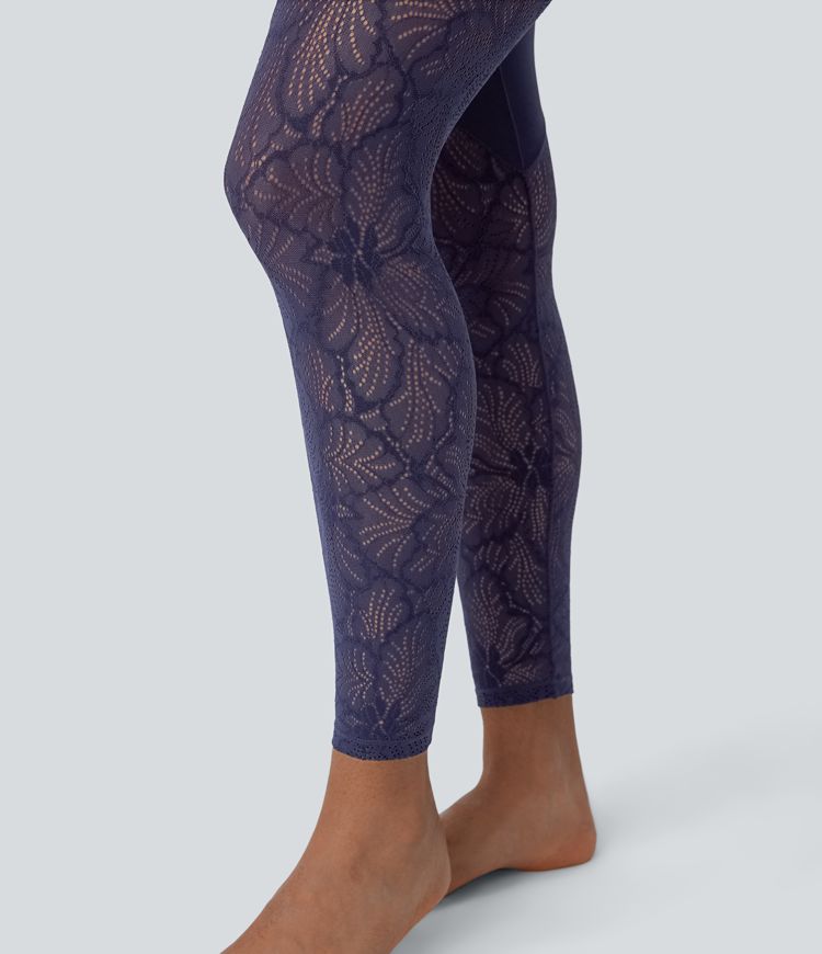 SoftlyZero™ High Waisted Contrast Lace 7/8 Yoga Leggings with Pockets-UPF50+