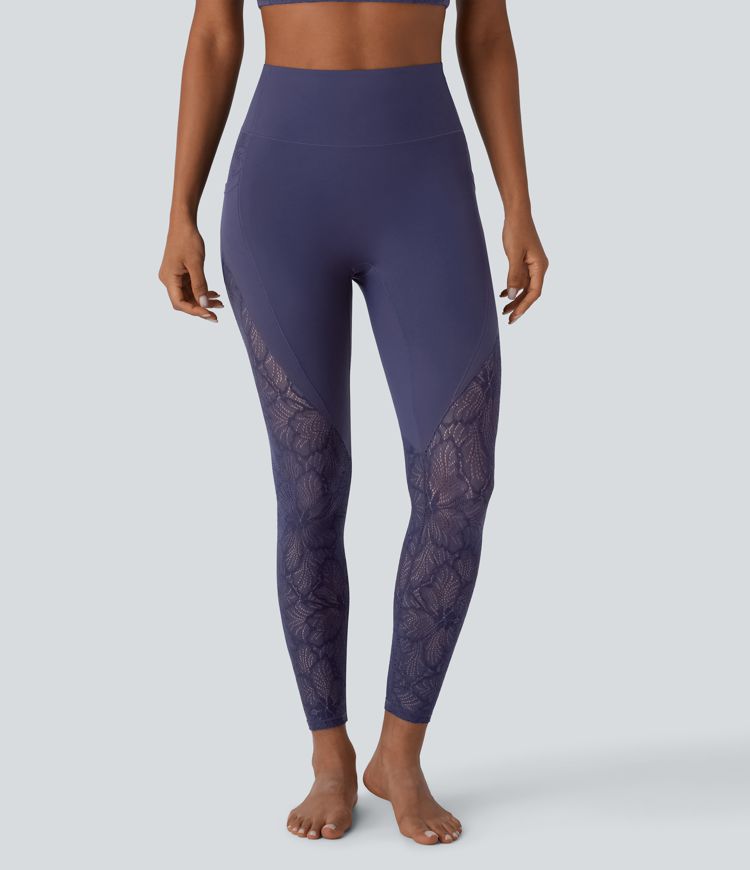 SoftlyZero™ High Waisted Contrast Lace 7/8 Yoga Leggings with Pockets-UPF50+