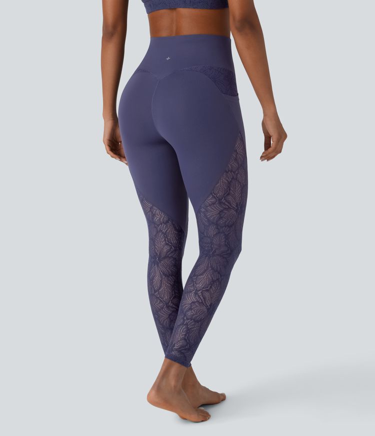 SoftlyZero™ High Waisted Contrast Lace 7/8 Yoga Leggings with Pockets-UPF50+