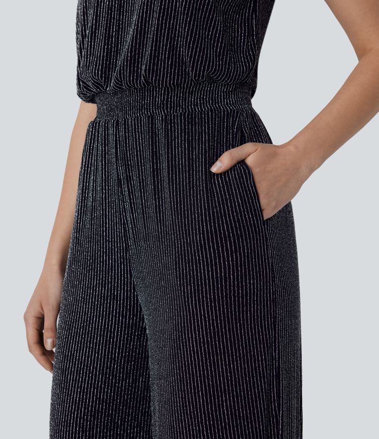 Neckholder-Jumpsuit mit Bindeband hinten, unsichtbarer Reißverschluss, ärmellos, Seitentasche, Metallic-Streifen, lässiger Jumpsuit