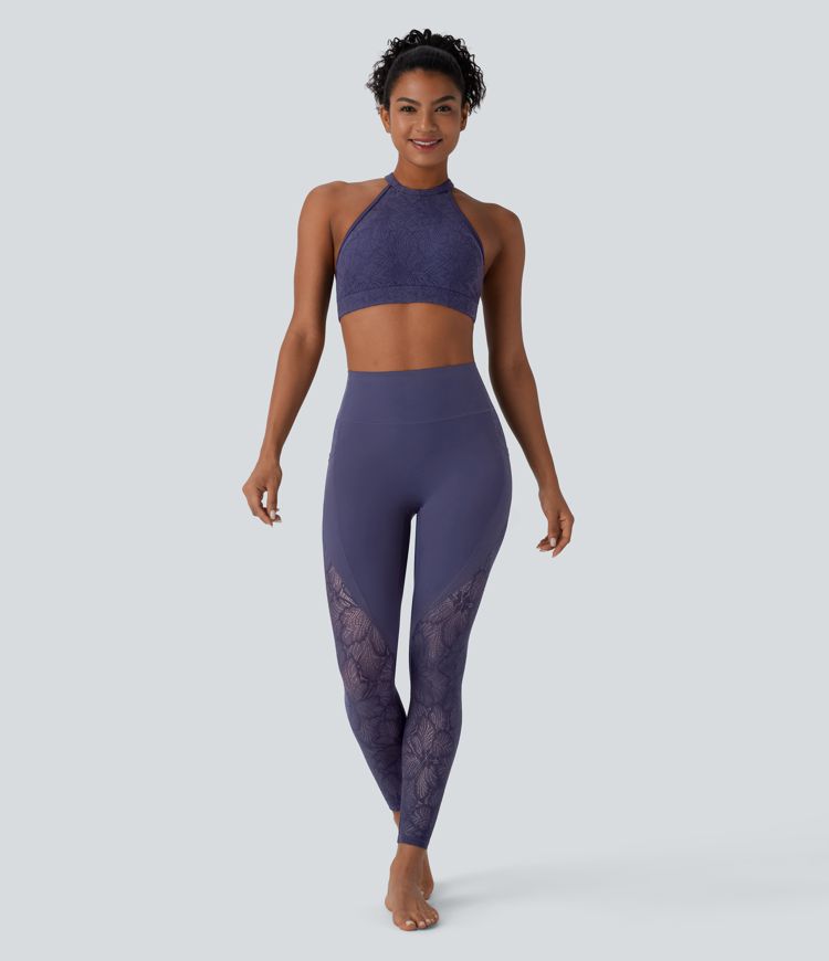 SoftlyZero™ High Waisted Contrast Lace 7/8 Yoga Leggings with Pockets-UPF50+