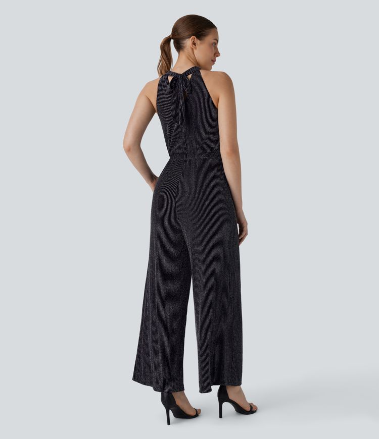 Neckholder-Jumpsuit mit Bindeband hinten, unsichtbarer Reißverschluss, ärmellos, Seitentasche, Metallic-Streifen, lässiger Jumpsuit