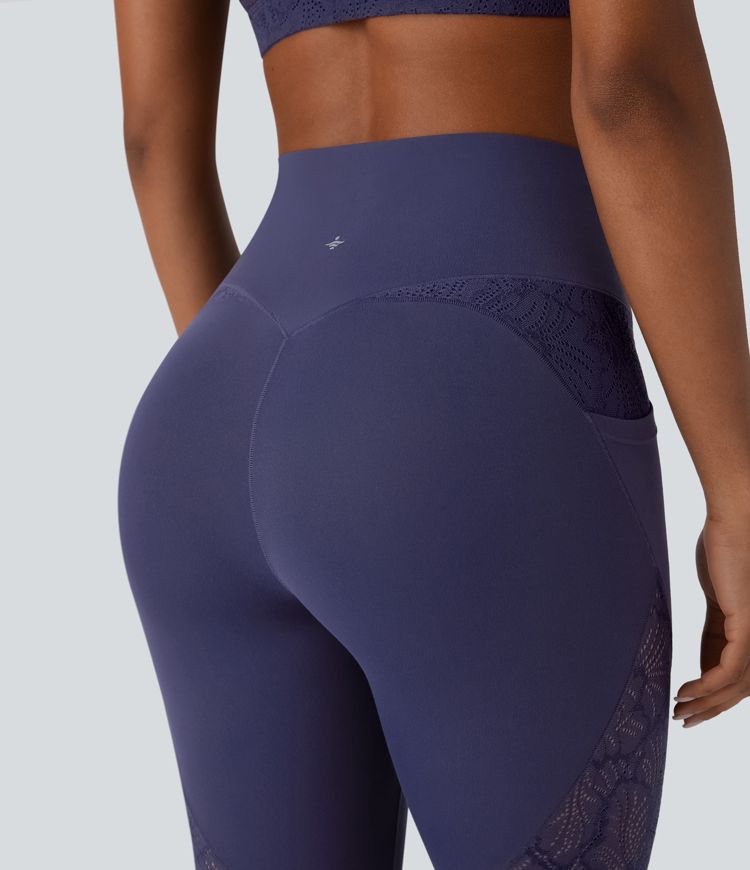 SoftlyZero™ High Waisted Contrast Lace 7/8 Yoga Leggings with Pockets-UPF50+