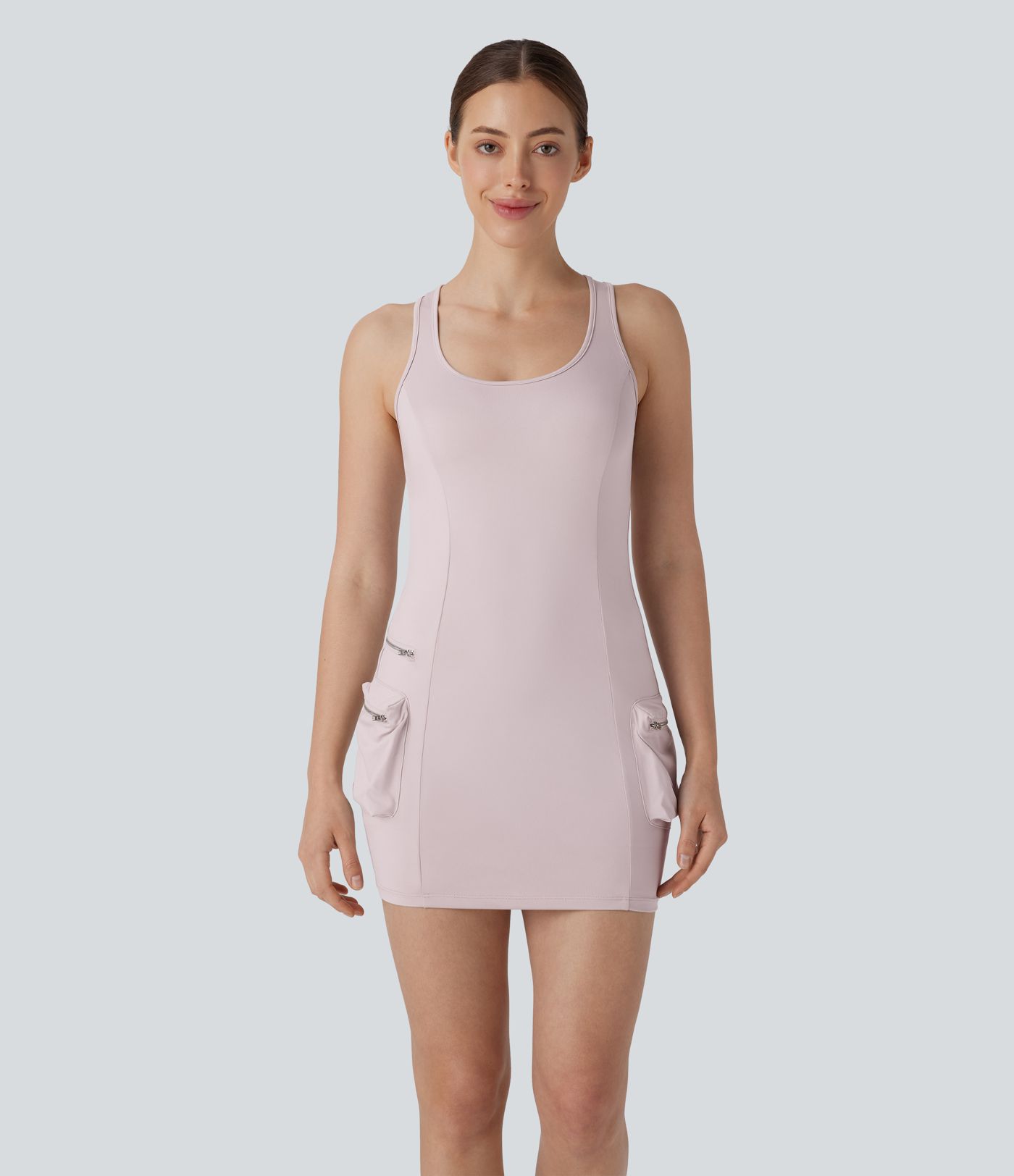 Vestido Bodycon Corto Activo de Baile con Bolsillo de Cremallera Cargo Racerback de 2 Piezas