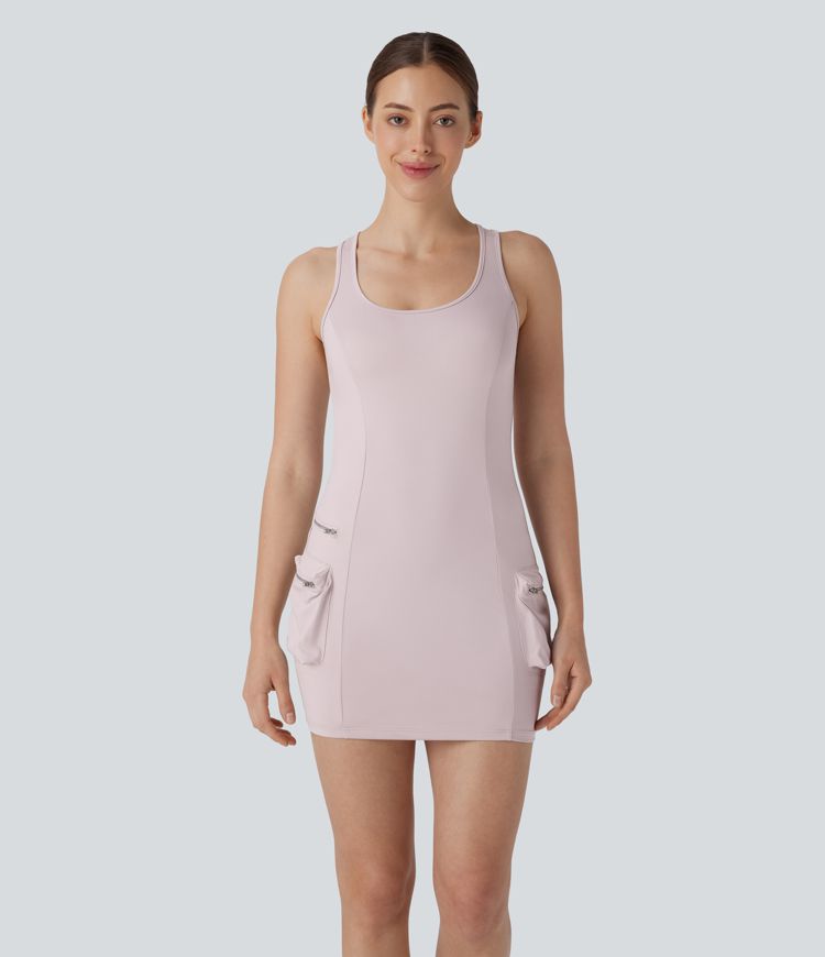 Vestido Bodycon Corto Activo de Baile con Bolsillo de Cremallera Cargo Racerback de 2 Piezas