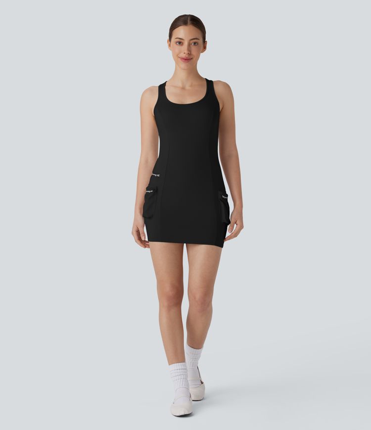 Racerback Cargo Zipper Pocket 2 Piece Bodycon Mini Dance Active Dress