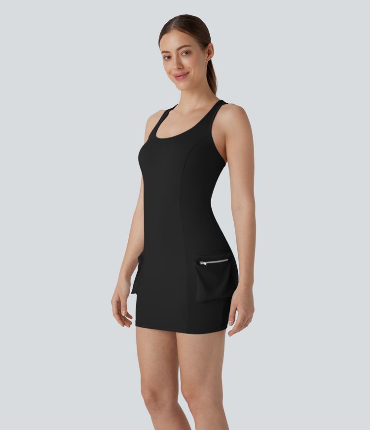 Racerback Cargo Zipper Pocket 2 Piece Bodycon Mini Dance Active Dress