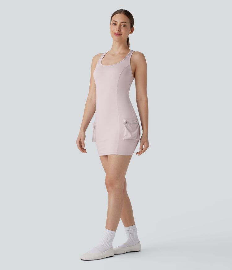 Vestido Bodycon Corto Activo de Baile con Bolsillo de Cremallera Cargo Racerback de 2 Piezas