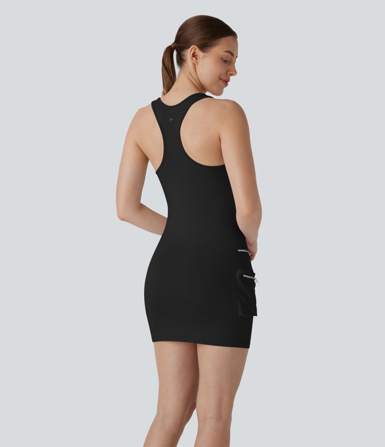 Racerback Cargo Zipper Pocket 2 Piece Bodycon Mini Dance Active Dress