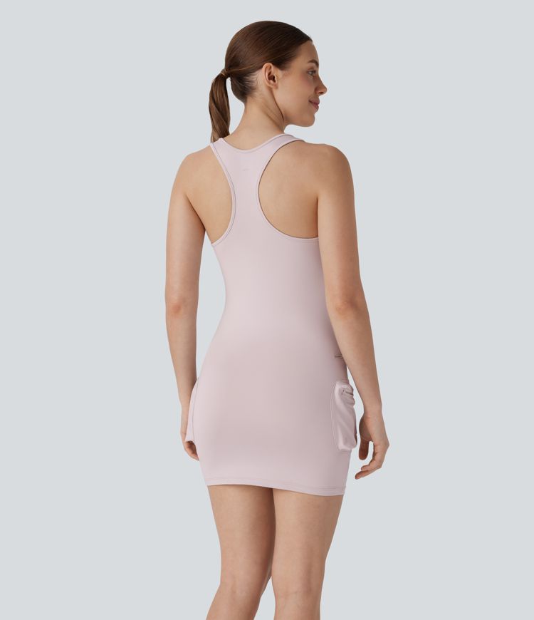 Vestido Bodycon Corto Activo de Baile con Bolsillo de Cremallera Cargo Racerback de 2 Piezas