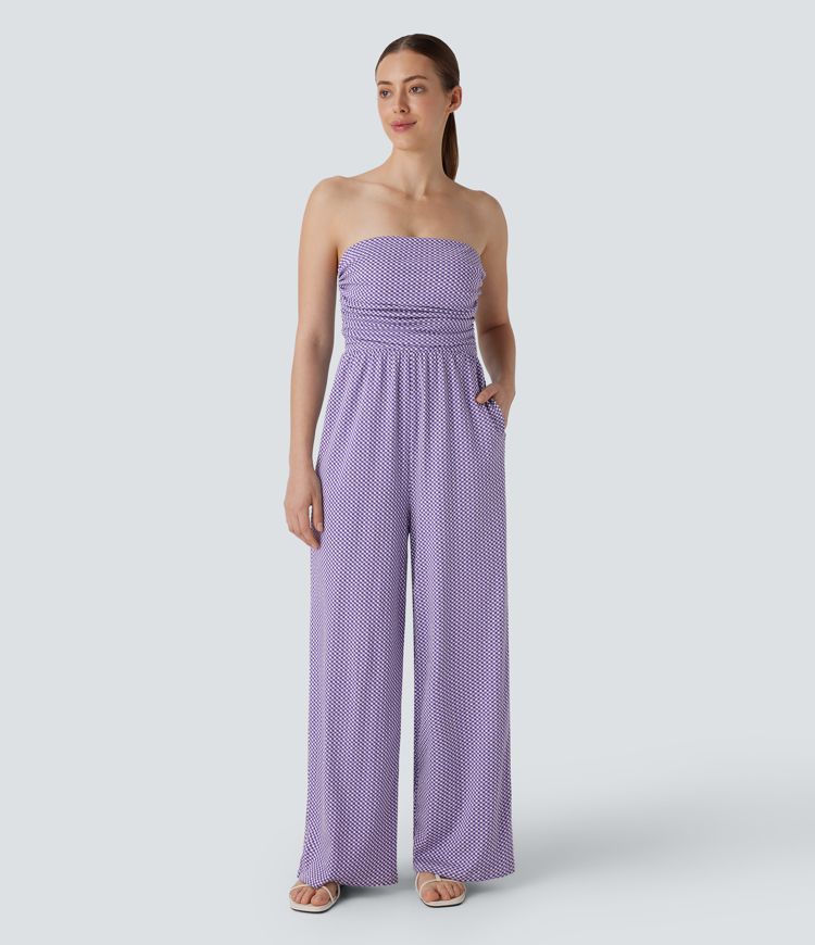 Combinaison décontractée à carreaux dos nu avec bretelles amovibles et ajustables, fronces et poches latérales