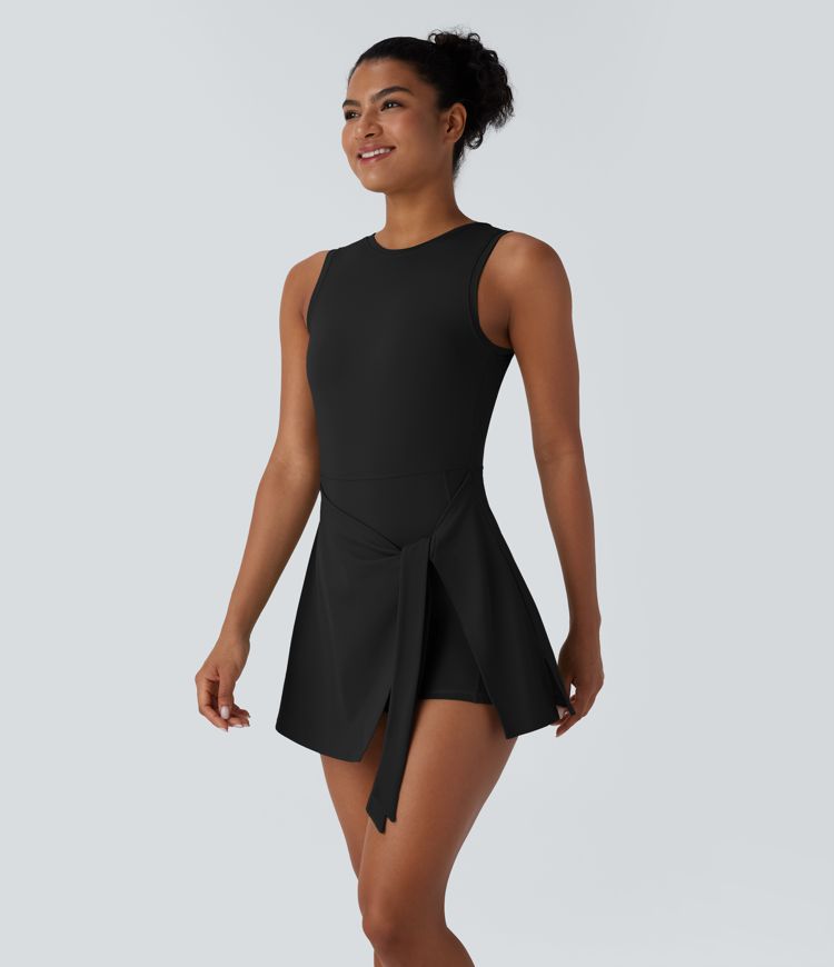 Backless Sleeveless Wrapped Tie Front 2-in-1 Side Pocket Micro Mini Pickleball Active Dress
