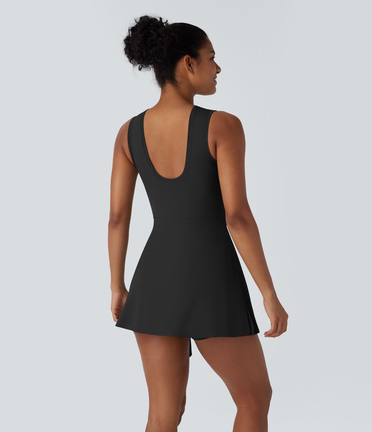Backless Sleeveless Wrapped Tie Front 2-in-1 Side Pocket Micro Mini Pickleball Active Dress