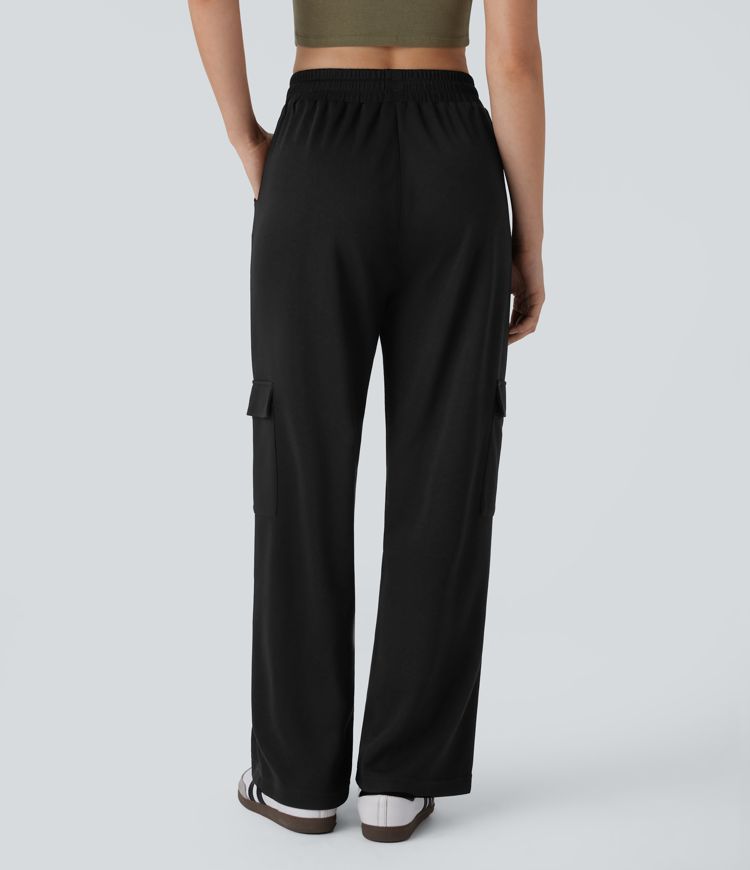 High Waisted Drawstring Pockets Cargo Straight Leg Casual Pants