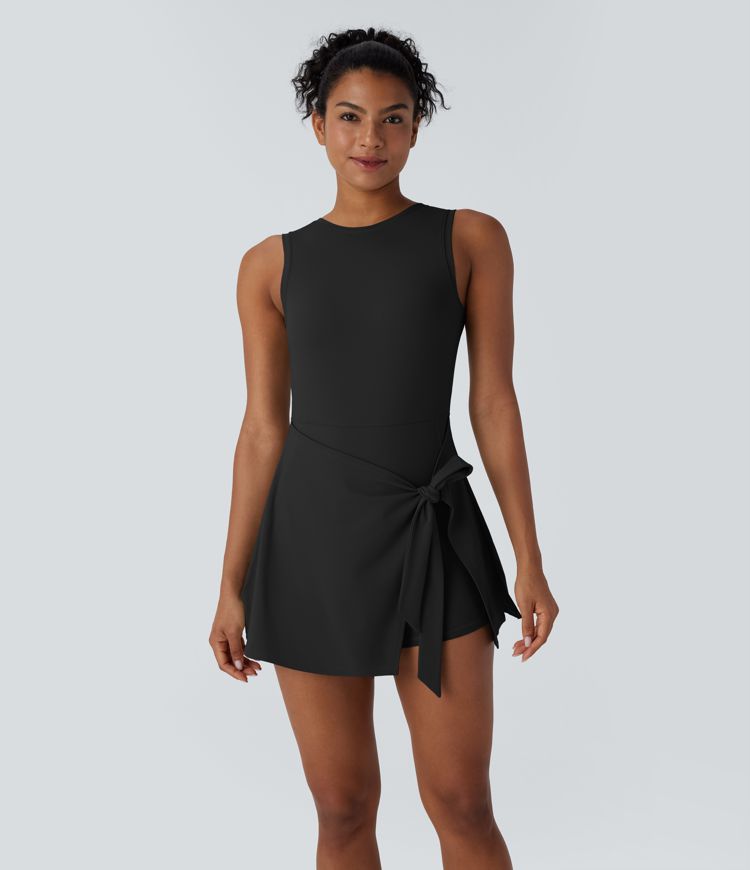 Vestido Activo Micro Mini Pickleball Sin Mangas con Lazo Envolvente Frontal de 2 en 1 con Bolsillo