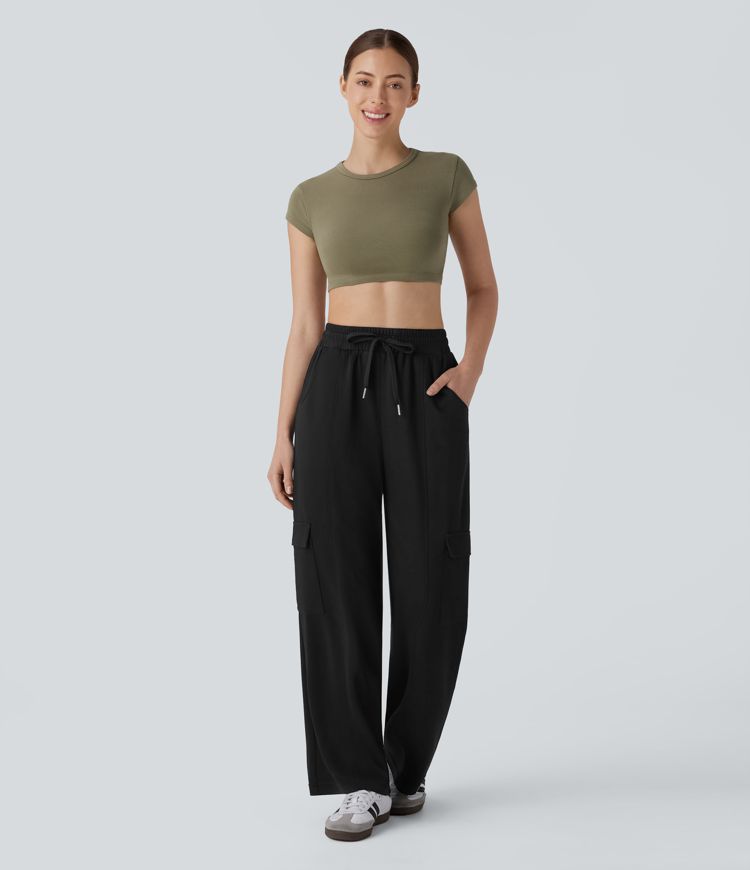 High Waisted Drawstring Pockets Cargo Straight Leg Casual Pants