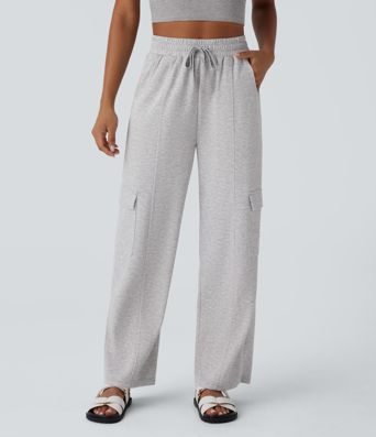 High Waisted Drawstring Pockets Cargo Straight Leg Casual Pants