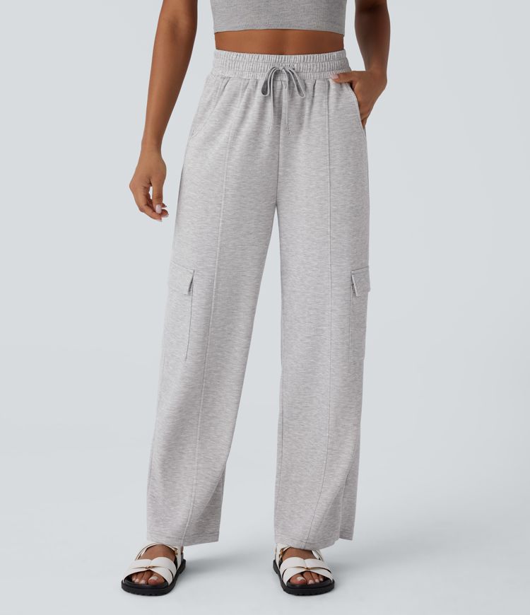 High Waisted Drawstring Pockets Cargo Straight Leg Casual Pants