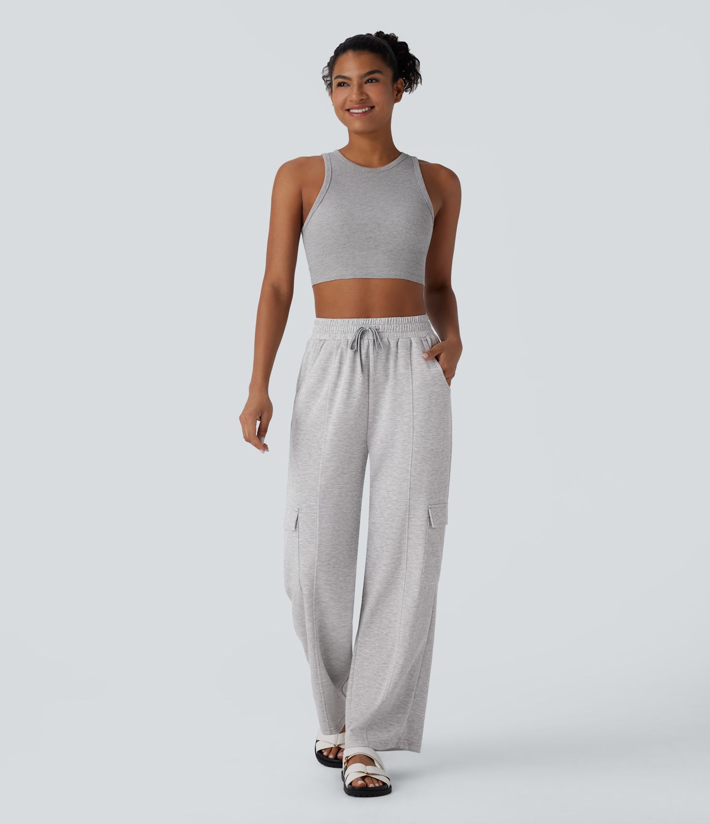 High Waisted Drawstring Pockets Cargo Straight Leg Casual Pants