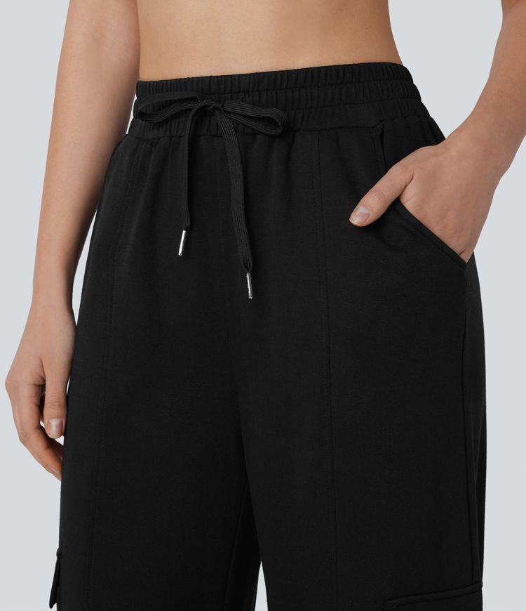 High Waisted Drawstring Pockets Cargo Straight Leg Casual Pants