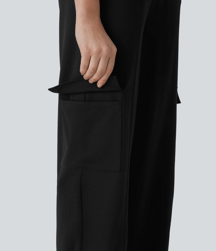 High Waisted Drawstring Pockets Cargo Straight Leg Casual Pants