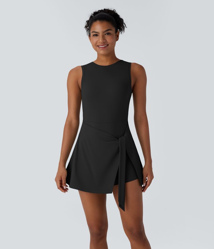 Robe 2-en-1 active micro-mini pour padel, dos nu, sans manches, croisée, à lien frontal et poches latérales