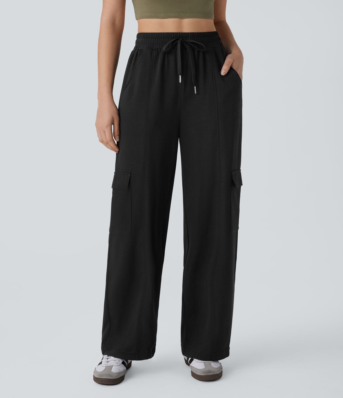 High Waisted Drawstring Pockets Cargo Straight Leg Casual Pants