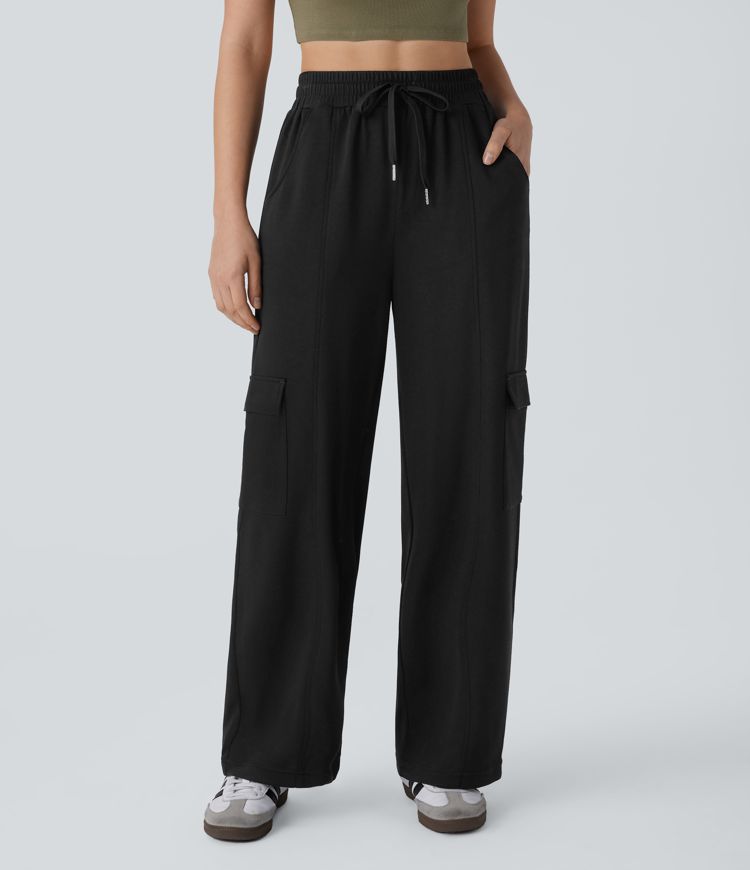 High Waisted Drawstring Pockets Cargo Straight Leg Casual Pants