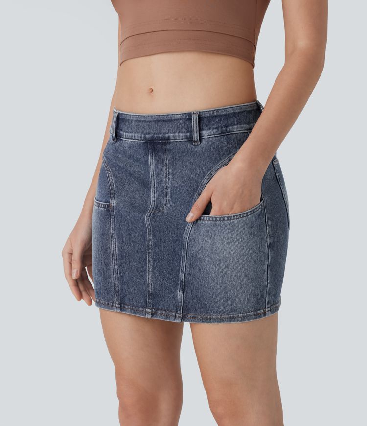 Halara Flex™ Low Rise Bodycon Mini Washed Stretchy Knit Denim Casual Skirt with Pockets