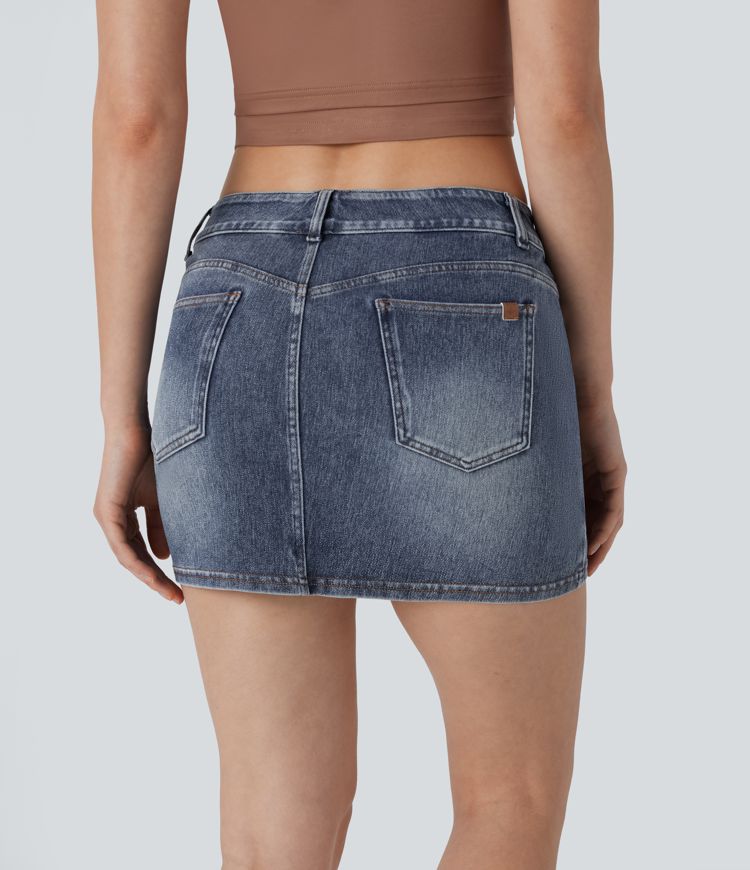 Halara Flex™ Low Rise Bodycon Mini Washed Stretchy Knit Denim Casual Skirt with Pockets