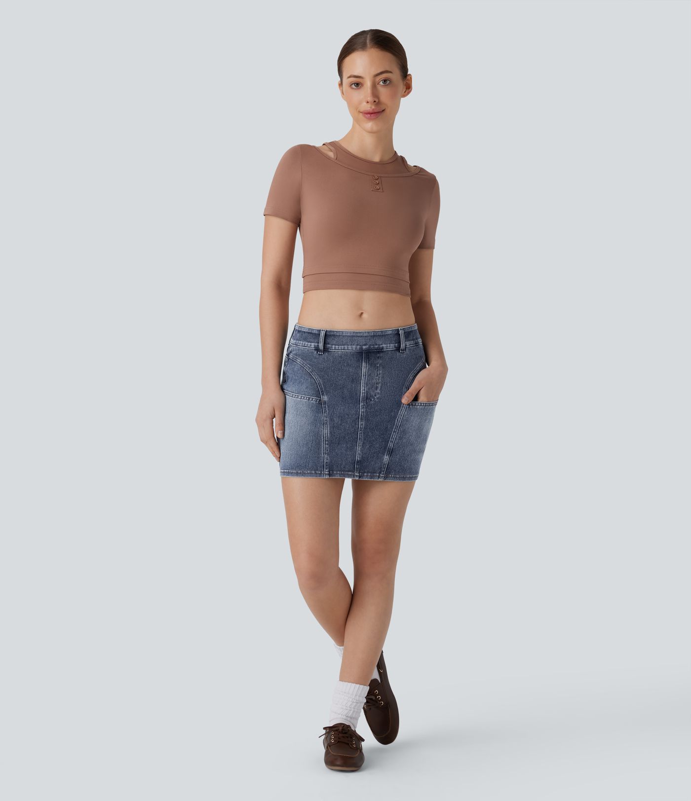 Halara Flex™ Tief sitzender Bodycon-Minirock aus gewaschener Jeans mit Taschen