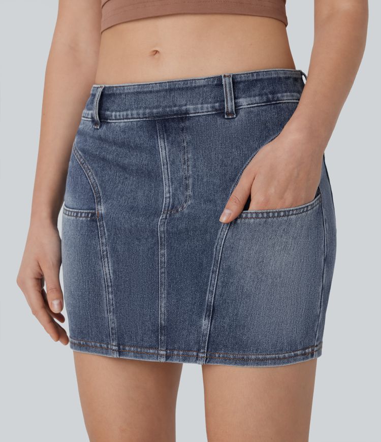 Halara Flex™ Low Rise Bodycon Mini Washed Stretchy Knit Denim Casual Skirt with Pockets
