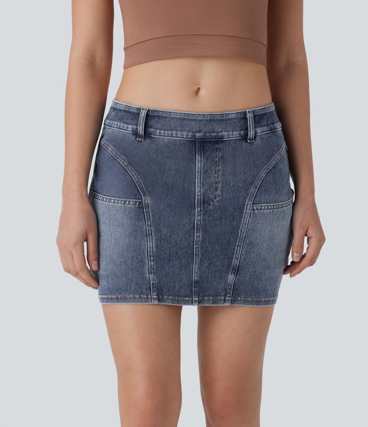 Halara Flex™ Low Rise Bodycon Mini Washed Stretchy Knit Denim Casual Skirt with Pockets