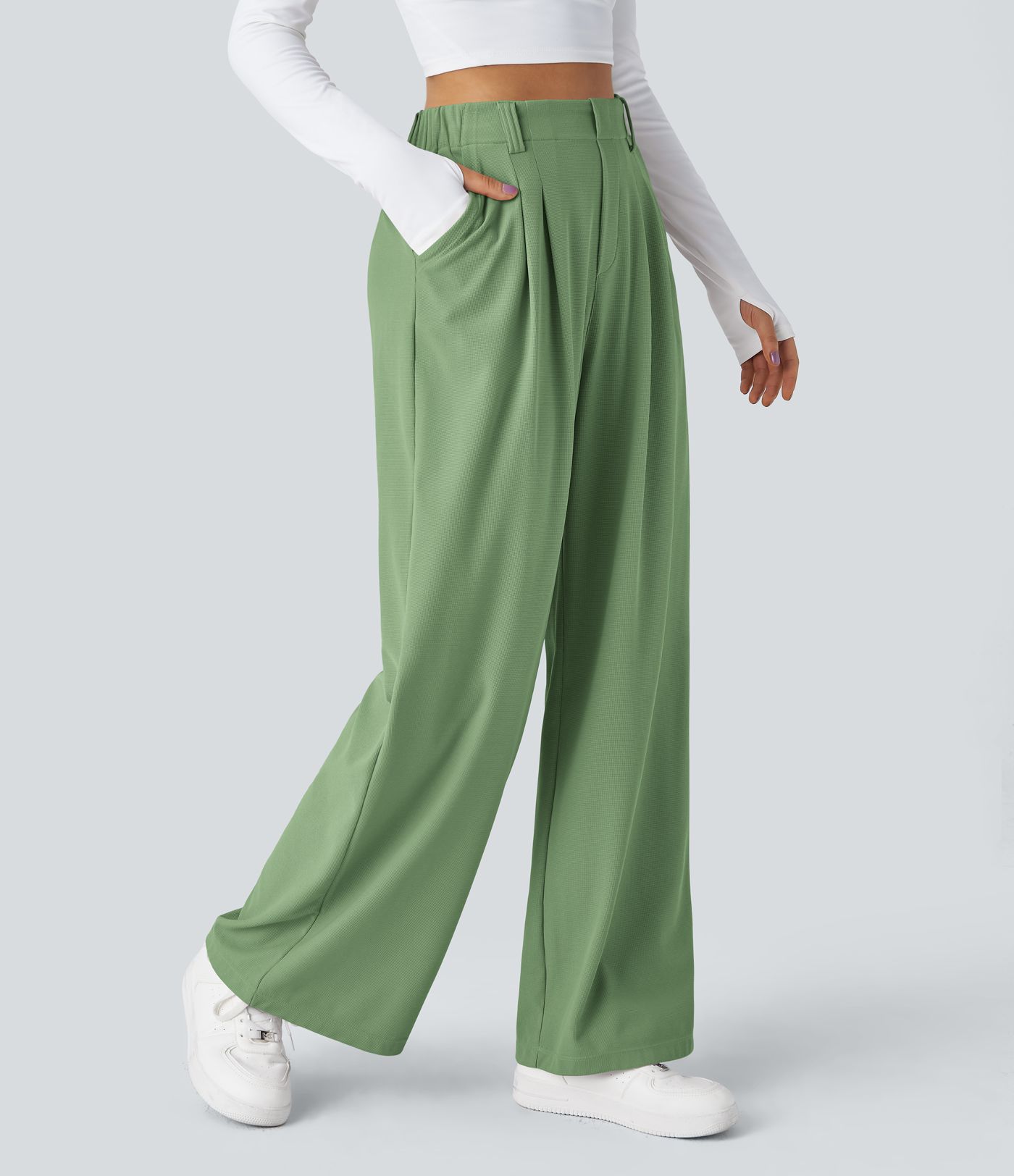 Pantalones Halara Flex™ de oficina anchos plisados de tiro alto con bolsillos en tela tipo gofre