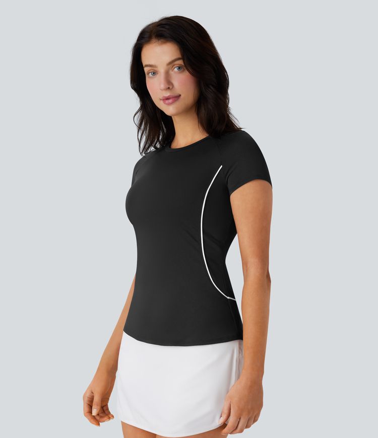 Haut de sport léger pour golf avec manches raglan, blocs de couleur, bande et ourlet arrondi, coupe ajustée