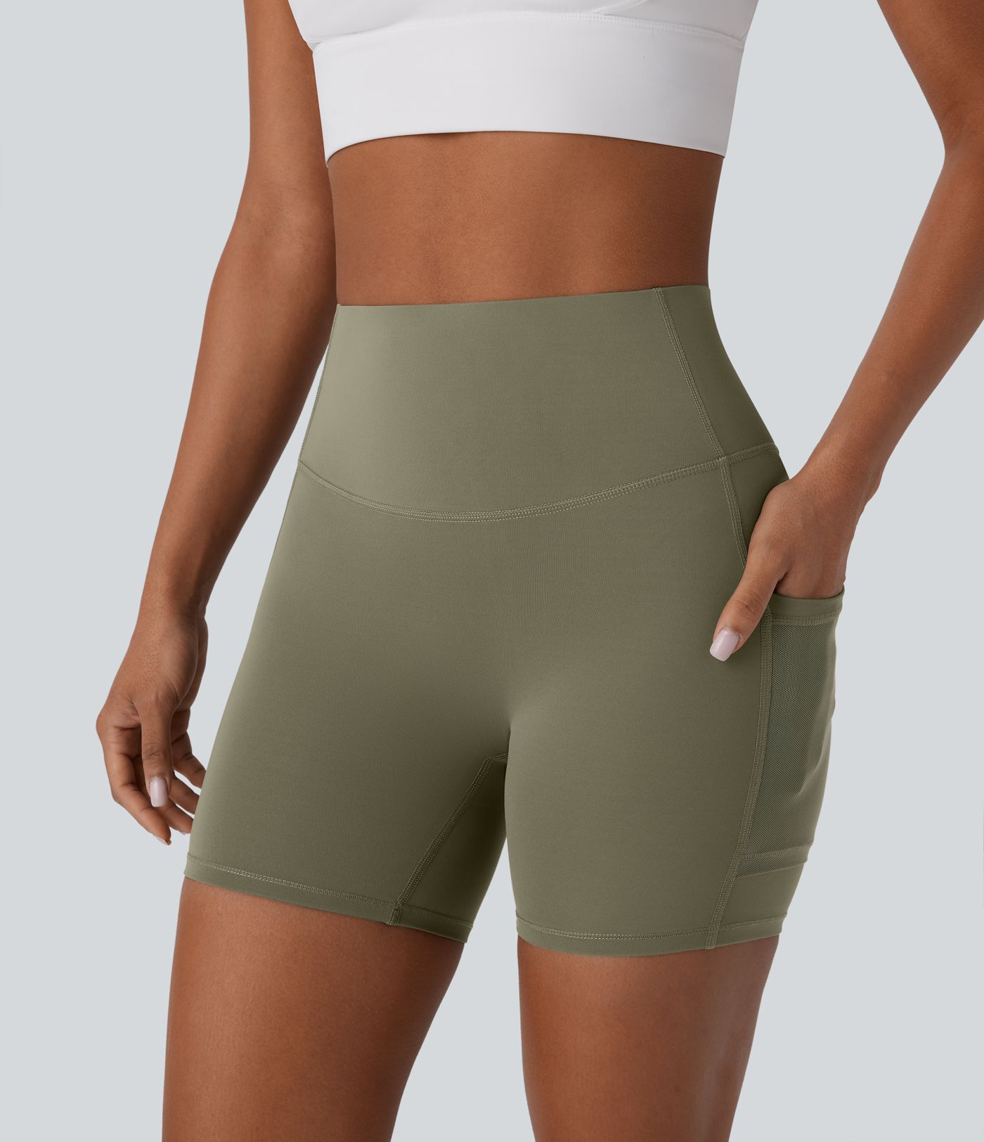 SpeedWave™ High Waisted Tummy Control Butt Lifting Pocket Contrast Mesh Quick Dry Workout Biker Shorts 5''
