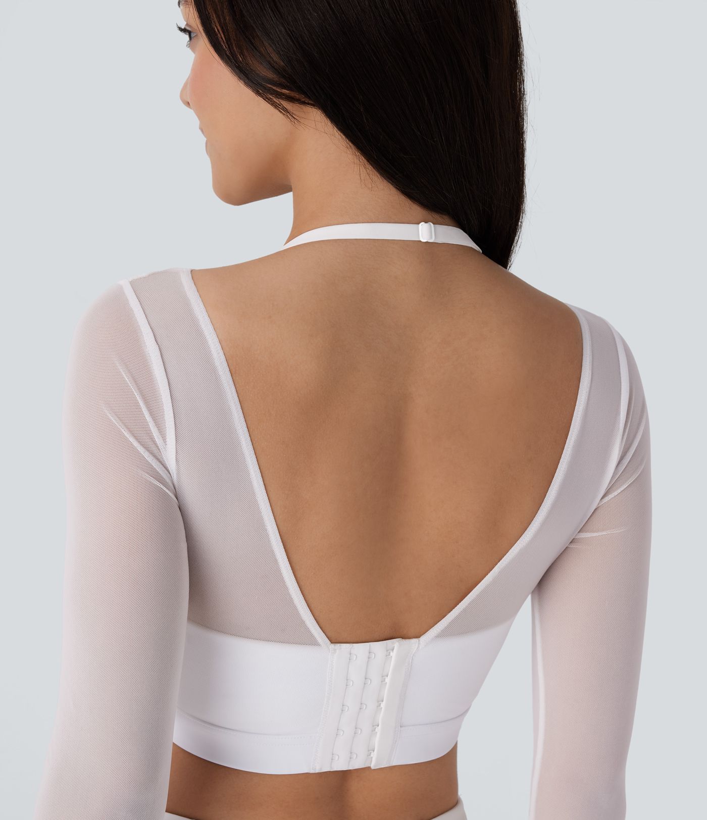 Halter Long Sleeve Thumb Hole Contrast Mesh 2-in-1 Cropped Yoga Sports Top