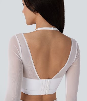 Halter Long Sleeve Thumb Hole Contrast Mesh 2-in-1 Cropped Yoga Sports Top
