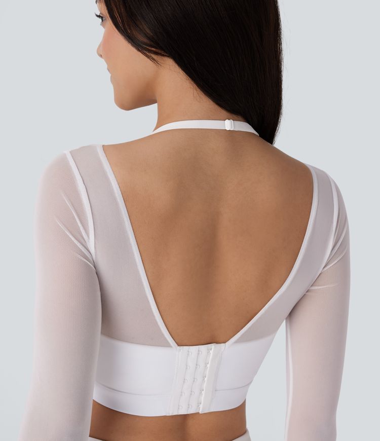 Halter Long Sleeve Thumb Hole Contrast Mesh 2-in-1 Cropped Yoga Sports Top
