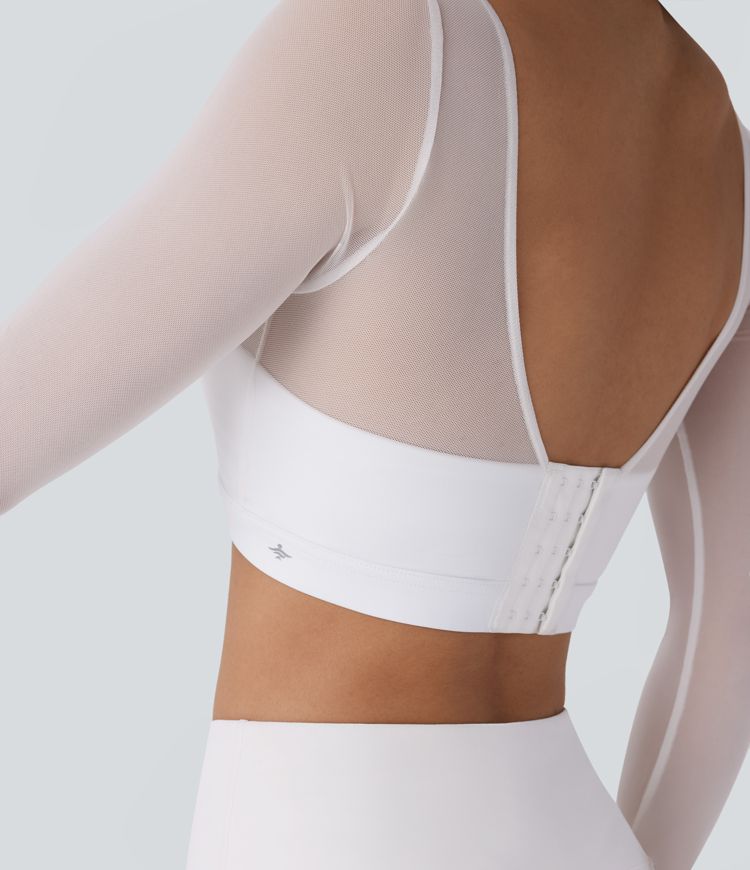 Halter Long Sleeve Thumb Hole Contrast Mesh 2-in-1 Cropped Yoga Sports Top