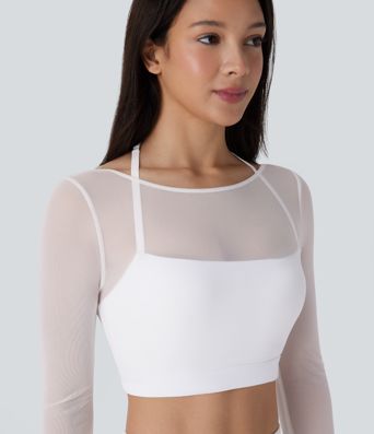 Halter Long Sleeve Thumb Hole Contrast Mesh 2-in-1 Cropped Yoga Sports Top