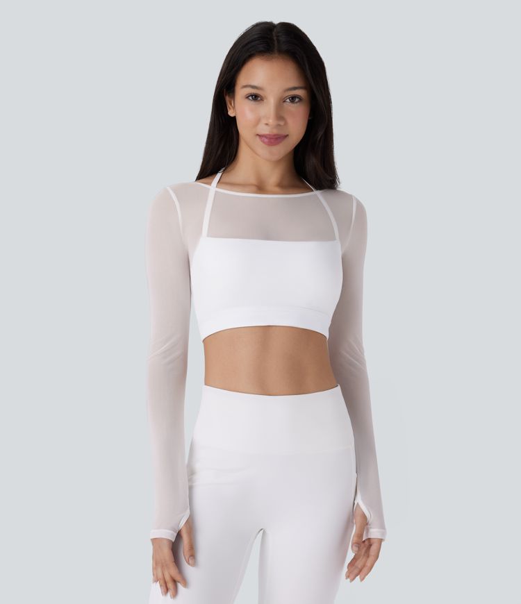 Halter Long Sleeve Thumb Hole Contrast Mesh 2-in-1 Cropped Yoga Sports Top