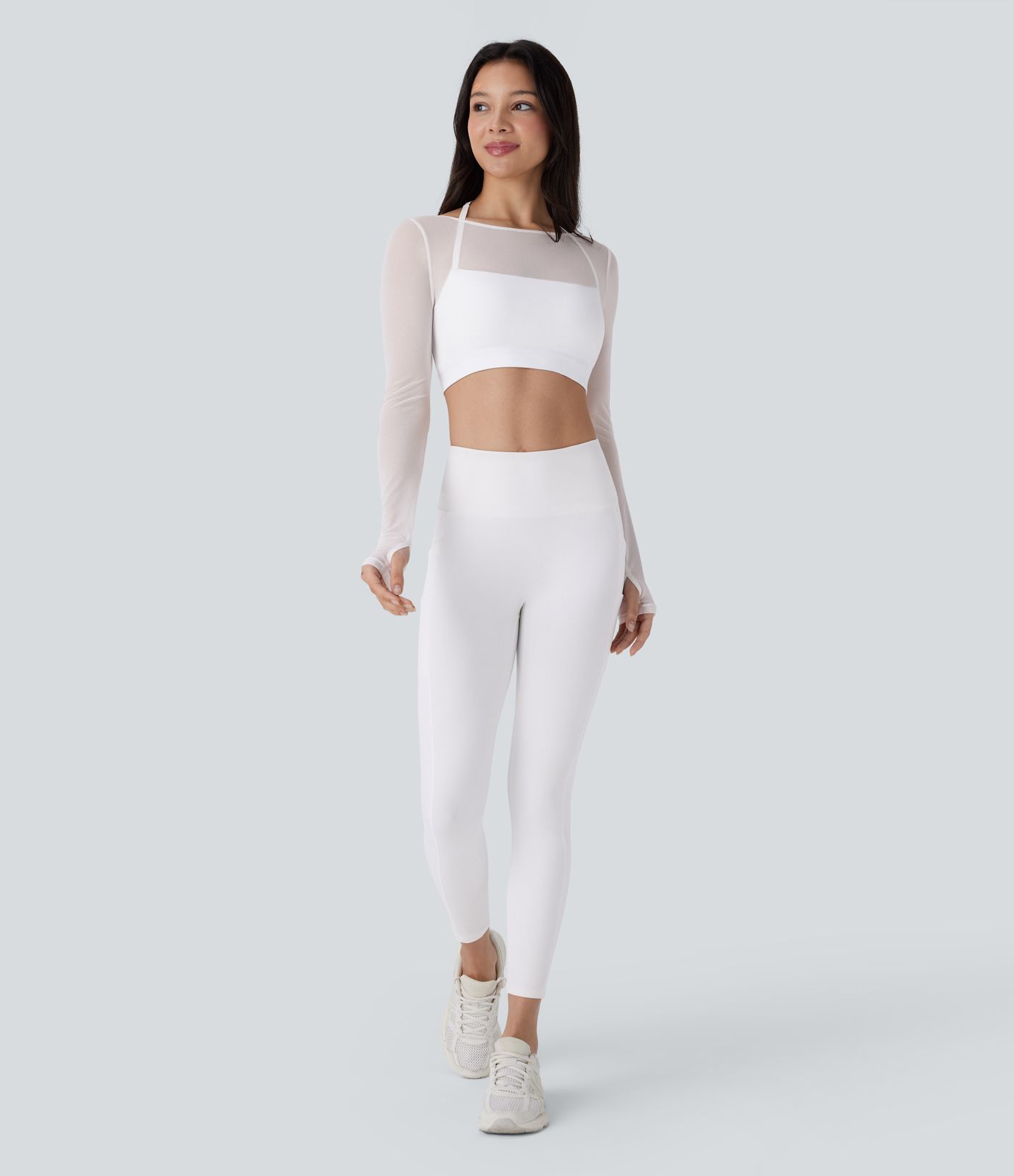 Halter Long Sleeve Thumb Hole Contrast Mesh 2-in-1 Cropped Yoga Sports Top