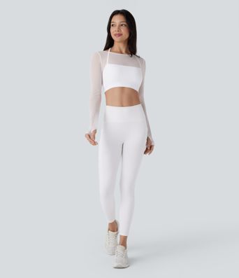 Halter Long Sleeve Thumb Hole Contrast Mesh 2-in-1 Cropped Yoga Sports Top