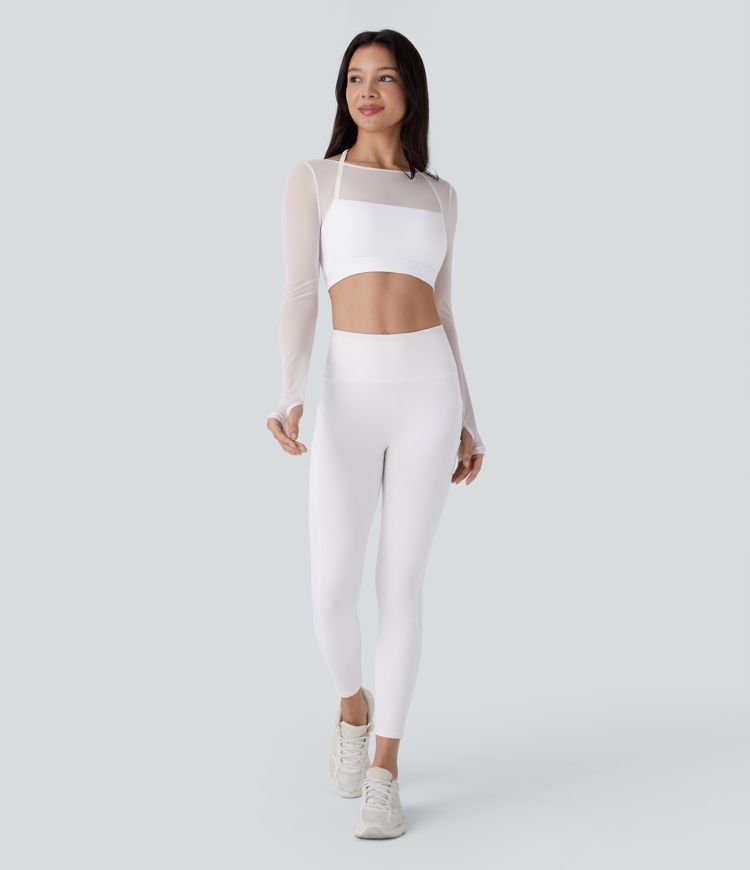 Halter Long Sleeve Thumb Hole Contrast Mesh 2-in-1 Cropped Yoga Sports Top