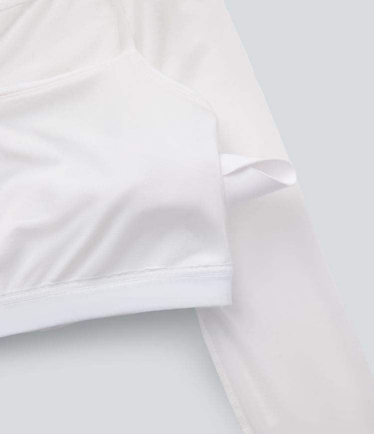 Halter Long Sleeve Thumb Hole Contrast Mesh 2-in-1 Cropped Yoga Sports Top